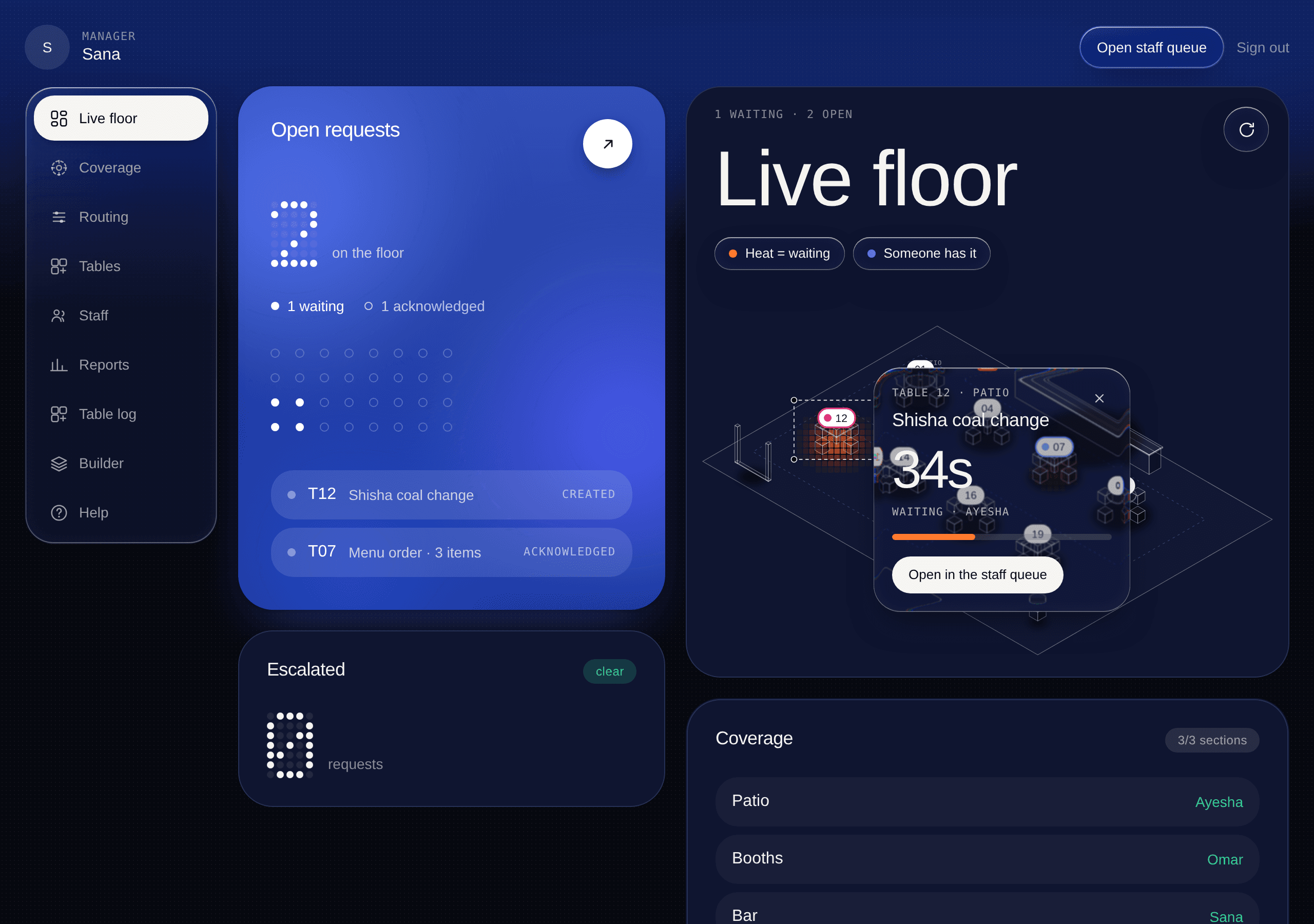 OnCue’s actual floor screen, populated with sample venue data