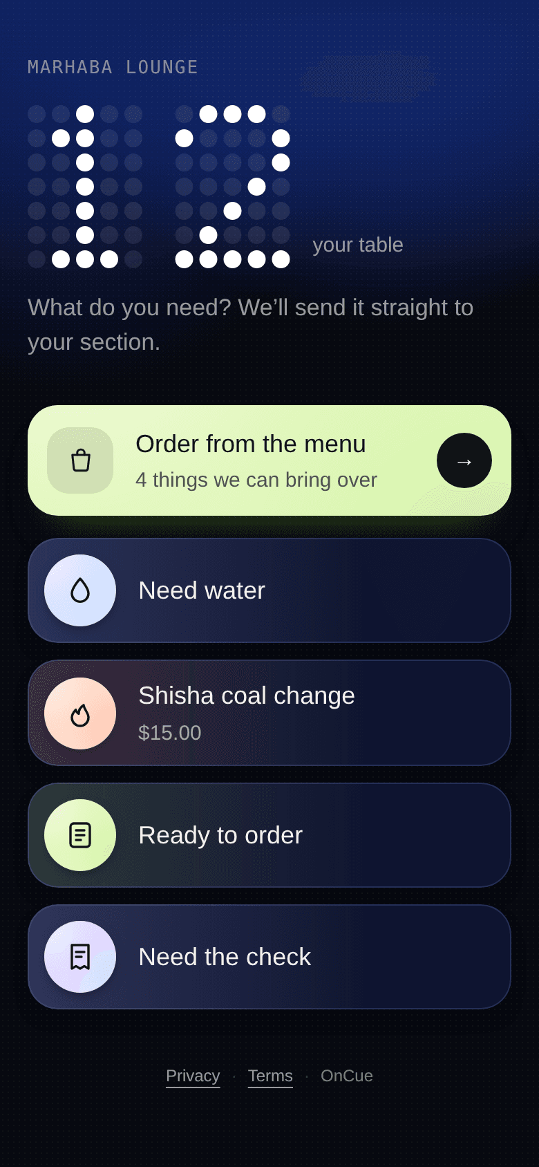 OnCue’s actual guest screen, populated with sample venue data