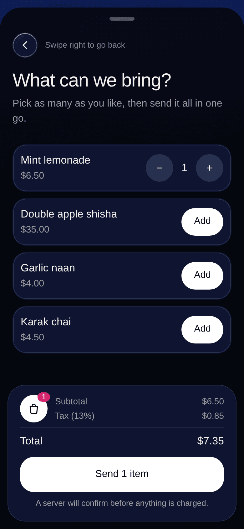 OnCue’s actual order screen, populated with sample venue data
