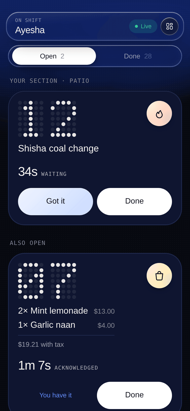 OnCue’s actual waiter queue screen, populated with sample venue data